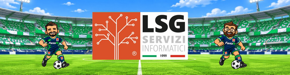 Le due mascotte FantaTb con la maglia LSG ai lati del logo LSG Servizi Informatici in uno stadio con gli spalti verdi