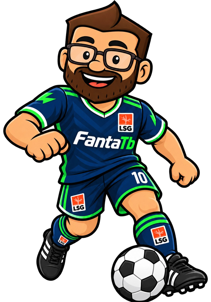 Mascotte FantaTb con maglia blu e verde e stemma LSG mentre calcia un pallone